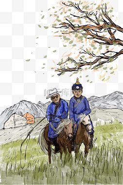 少数民族蒙古族骑马青年水彩
