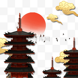 新中式古建筑金色古风装饰画