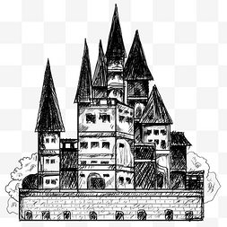 线描城堡建筑黑白画