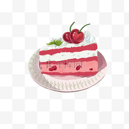 下午茶烘焙图片_草莓樱桃奶油千层切块蛋糕手绘png