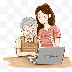 猪玩电脑卡通图片_重阳节指导老人玩电脑