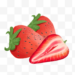 绿叶草莓图片_两个半新鲜的红色草莓