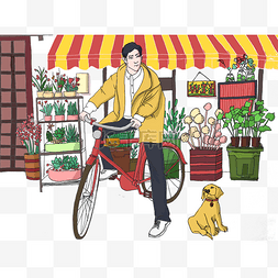 骑自行车的男孩图片_花店门口骑自行车的男孩