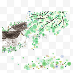 松花团子图片_国画水墨村绿柳春色