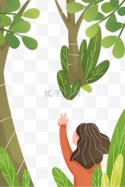 绿色清新春天背景图片_手绘卡通一个小女孩玩耍背景元素