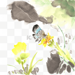 花丛中的蝴蝶水墨画PNG免抠素材