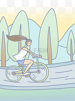 骑自行车插画图片_扁平风插画女孩骑车运动低碳环保