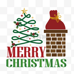 手写圣诞艺术字体图片_烟囱和抽象松树圣诞节快乐holly字