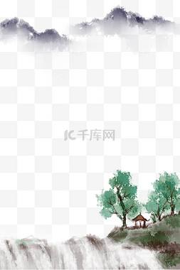 水墨山水亭子图片_瀑布湍流山水水墨风景