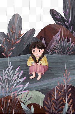 雨天花丛中小女孩儿