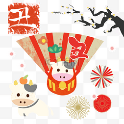 日式和风花图片_日本新年牛年年贺梅花小牛和菊花