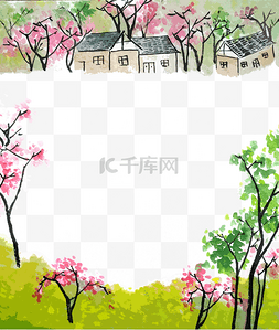 清明节绿色水墨图片_国画水墨春天山村绿色清明PNG