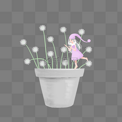 白色花朵简约图片_站在花盆上看蒲公英的女孩