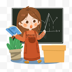 橙色背带裙图片_卡通女生上数学课PNG素材