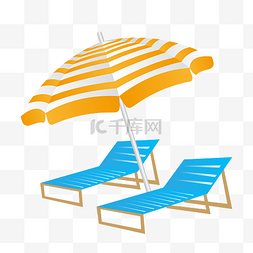 躺椅沙滩图片_黄色大伞蓝色躺椅