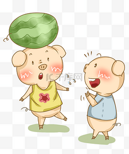 夏季清凉西瓜杂技与小猪插画PNG