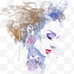 紫色喷溅图片_水彩女人肖像喷溅插画手绘元素