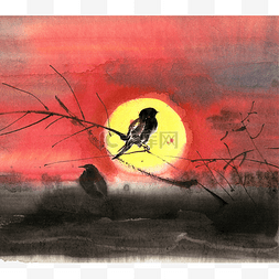 中国风水墨画素材图片_夕阳下的小鸟