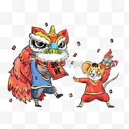 2020年春节红色喜庆水彩鼠年舞狮
