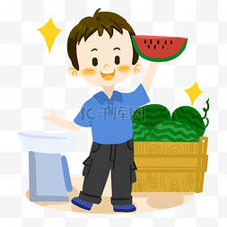 买西瓜图片_夏日卡通男孩买西瓜png素材