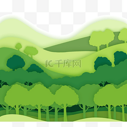 树森林山脉深绿浅绿色剪纸风格环