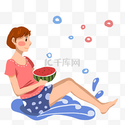 夏季玩耍女孩图片_夏天抱着西瓜的女孩手绘