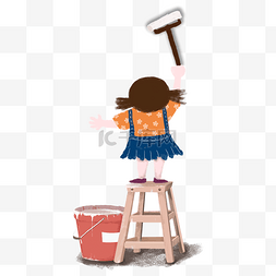 时尚木椅子图片_小女孩在刷墙免抠图