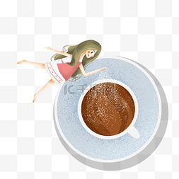 手绘咖啡插画素材图片_简约在咖啡上撒糖的女孩插画海报