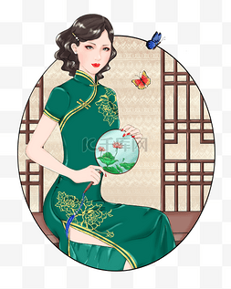 中国风绿金色旗袍美女