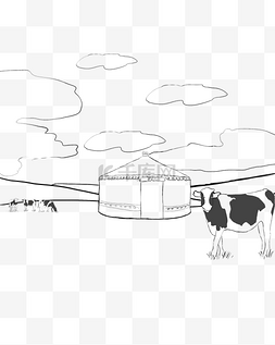 线描国风船图片_线描草原蒙古包奶牛