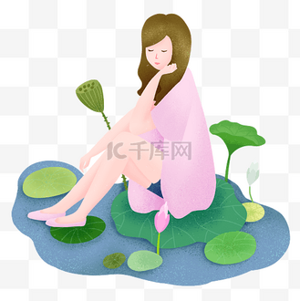 坐在荷叶的小女孩