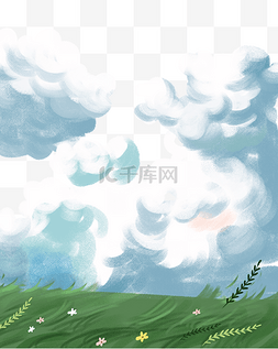 晴空有云图片_小清新天空云朵草地花朵小花晴空