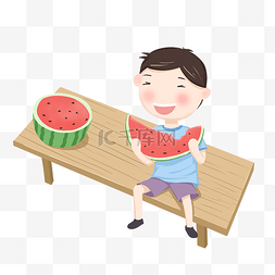大暑卡通小男孩吃西瓜