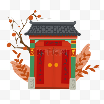 春节大门对联图片素材中国红春节四合院民宅大门对联传统