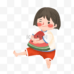 手绘吃西瓜的图片_暑假吃西瓜的小女孩