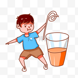 夏天喝饮品的男孩手绘插画