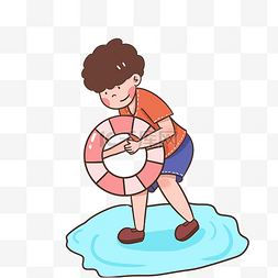 夏天抱着游泳圈的孩子手绘