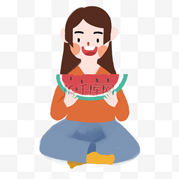 水果坐着的女孩图片_夏季坐着吃西瓜的女生
