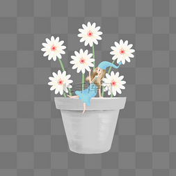 白色花朵简约图片_坐在花盆上的蓝衣女孩