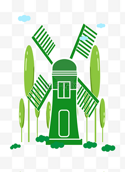 卡通的风车图片_绿色的风车环保插画