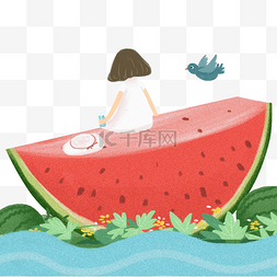 夏季喝果汁图片_坐在西瓜上喝果汁的女孩