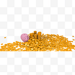 一堆金币和小猪储钱罐