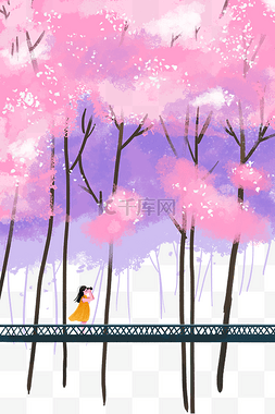 公园浪漫紫色粉色樱花树丛女孩拍