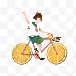 橙色小清新女孩骑柠檬单车创意水