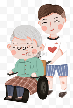 轮椅男孩图片_男孩推着老奶奶