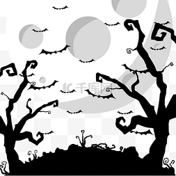 黑暗黑白图片_手绘蝙蝠大树剪影