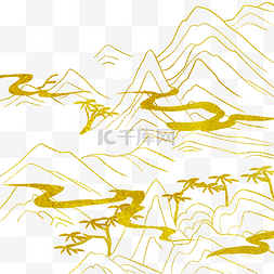 金色线描山水
