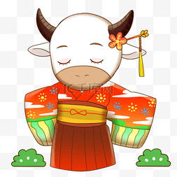 公牛的眼睛图片_日本新年穿着和服的牛