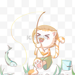 卡通猫咪插画图片_可爱的猫咪在钓鱼