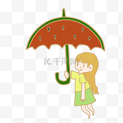 可爱卡通小雨伞图片_创意西瓜雨伞漂浮女孩
